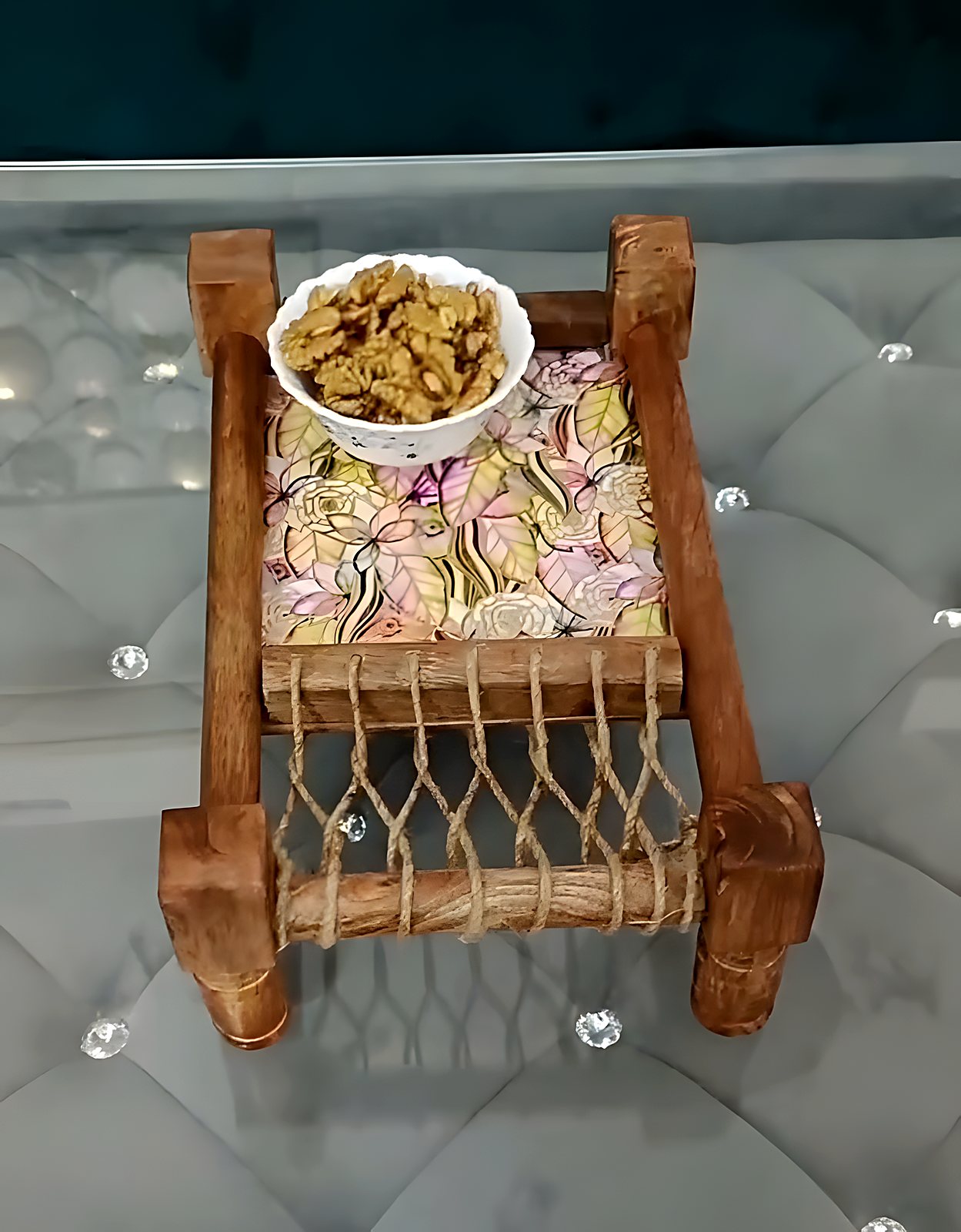 Wooden charpai platter serving snacks