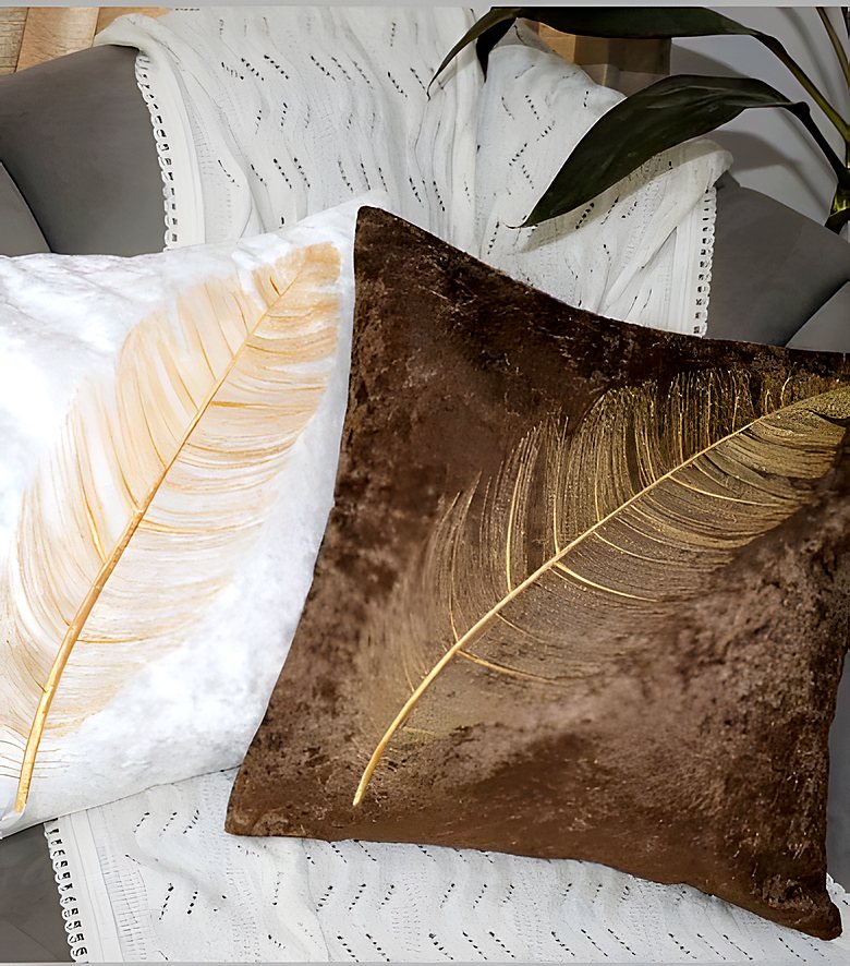 Embroidered feather cushion covers in ivory and brown