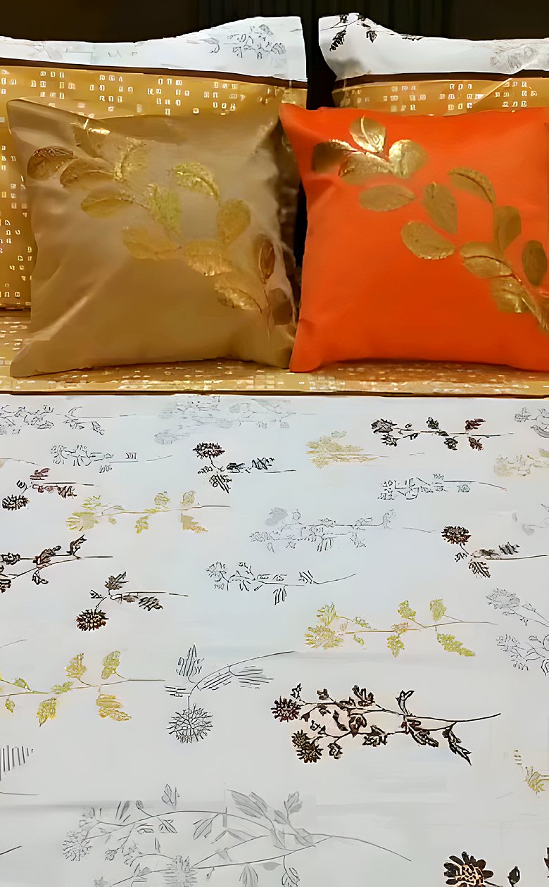 Gold-leaf cushion covers on a printed bedsheet