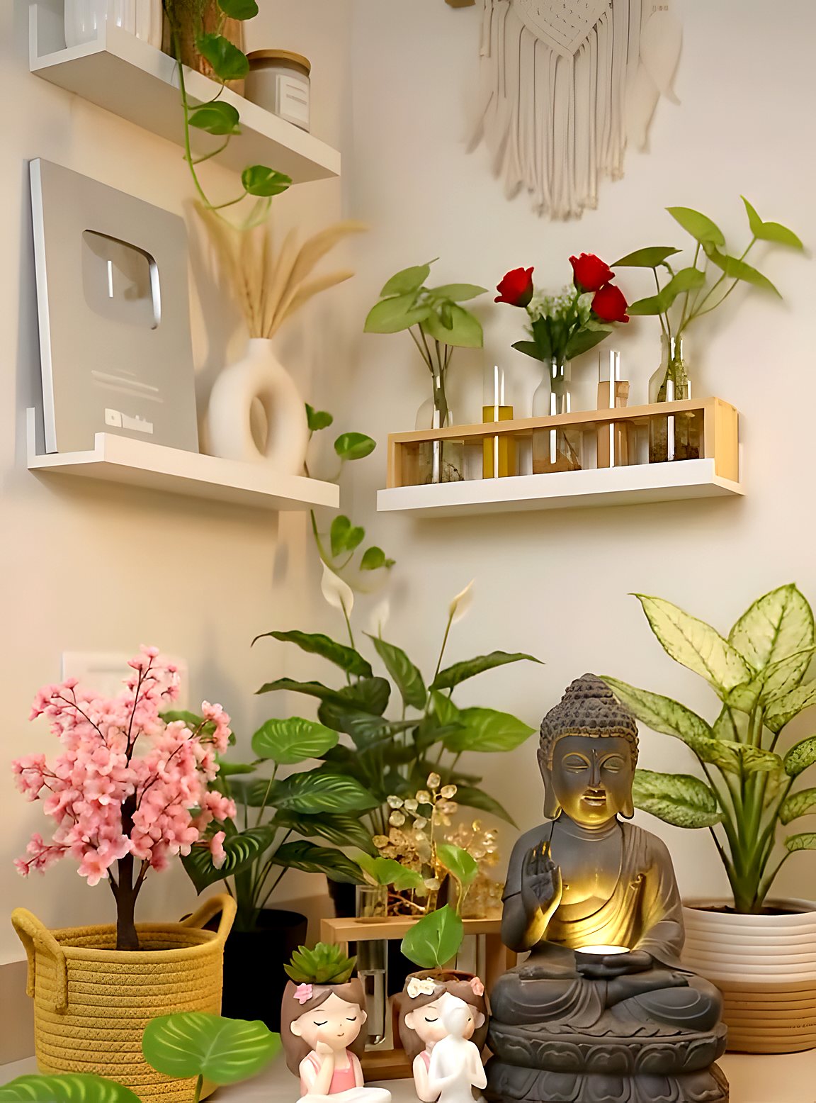 Styled décor corner with plants and Buddha figure