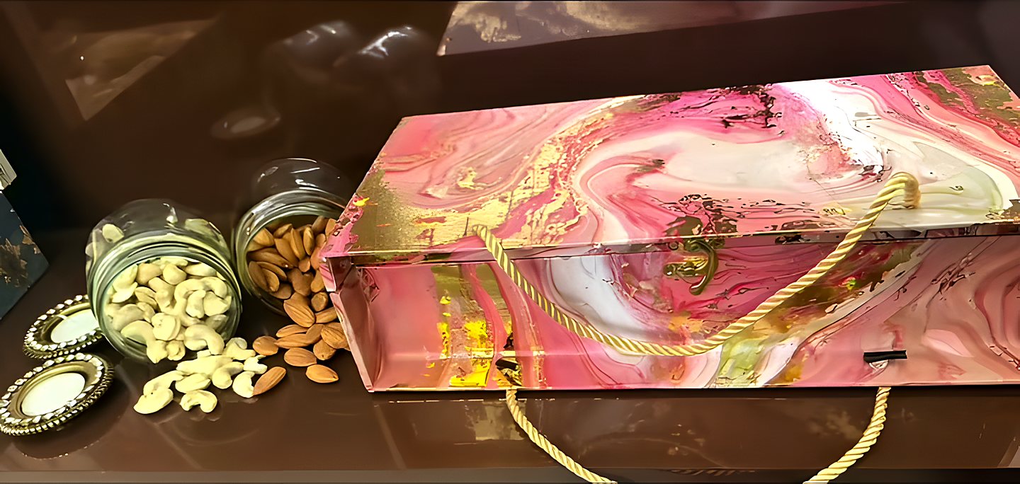 Marble-finish hamper box beside jars of dry fruits