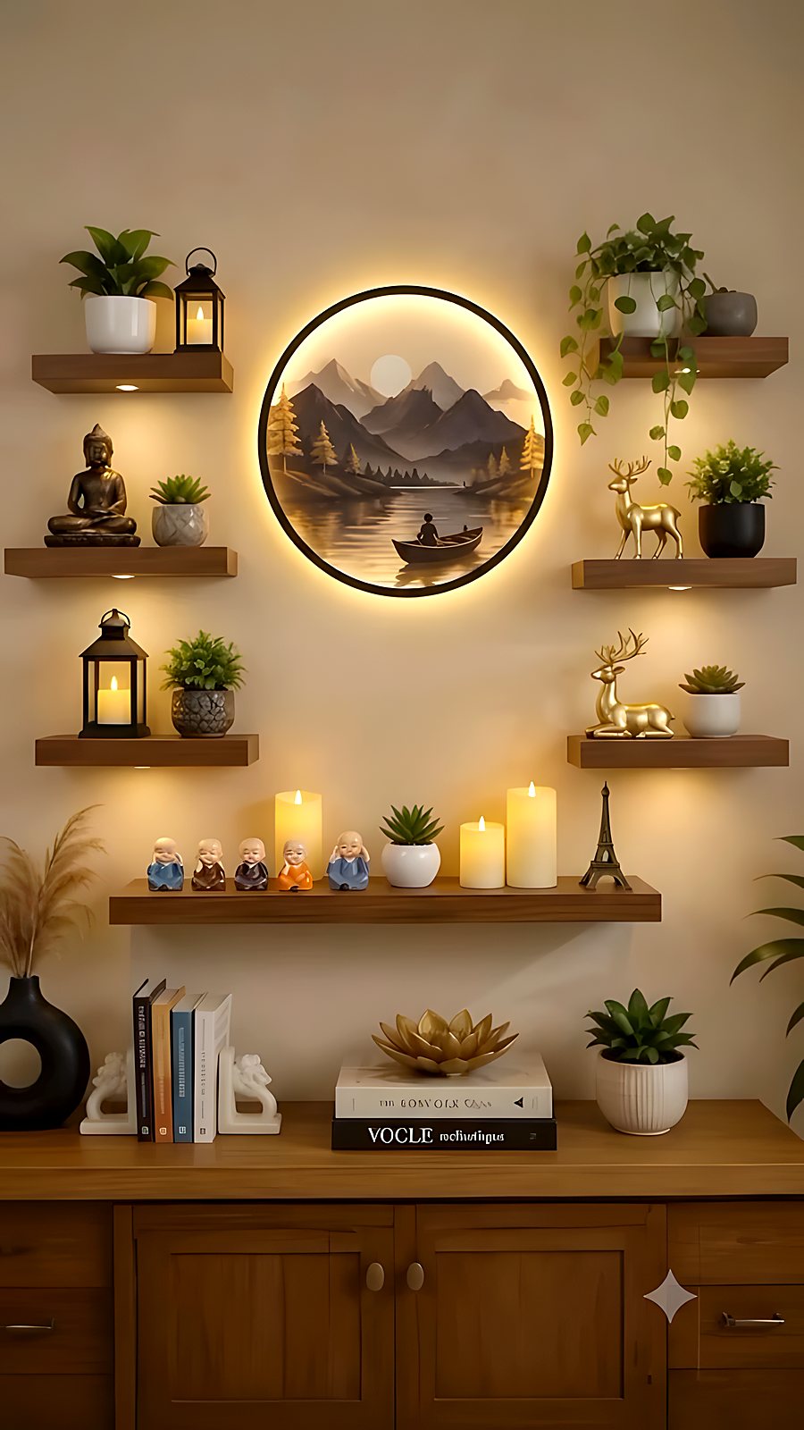 Styled wall shelves with a backlit art piece