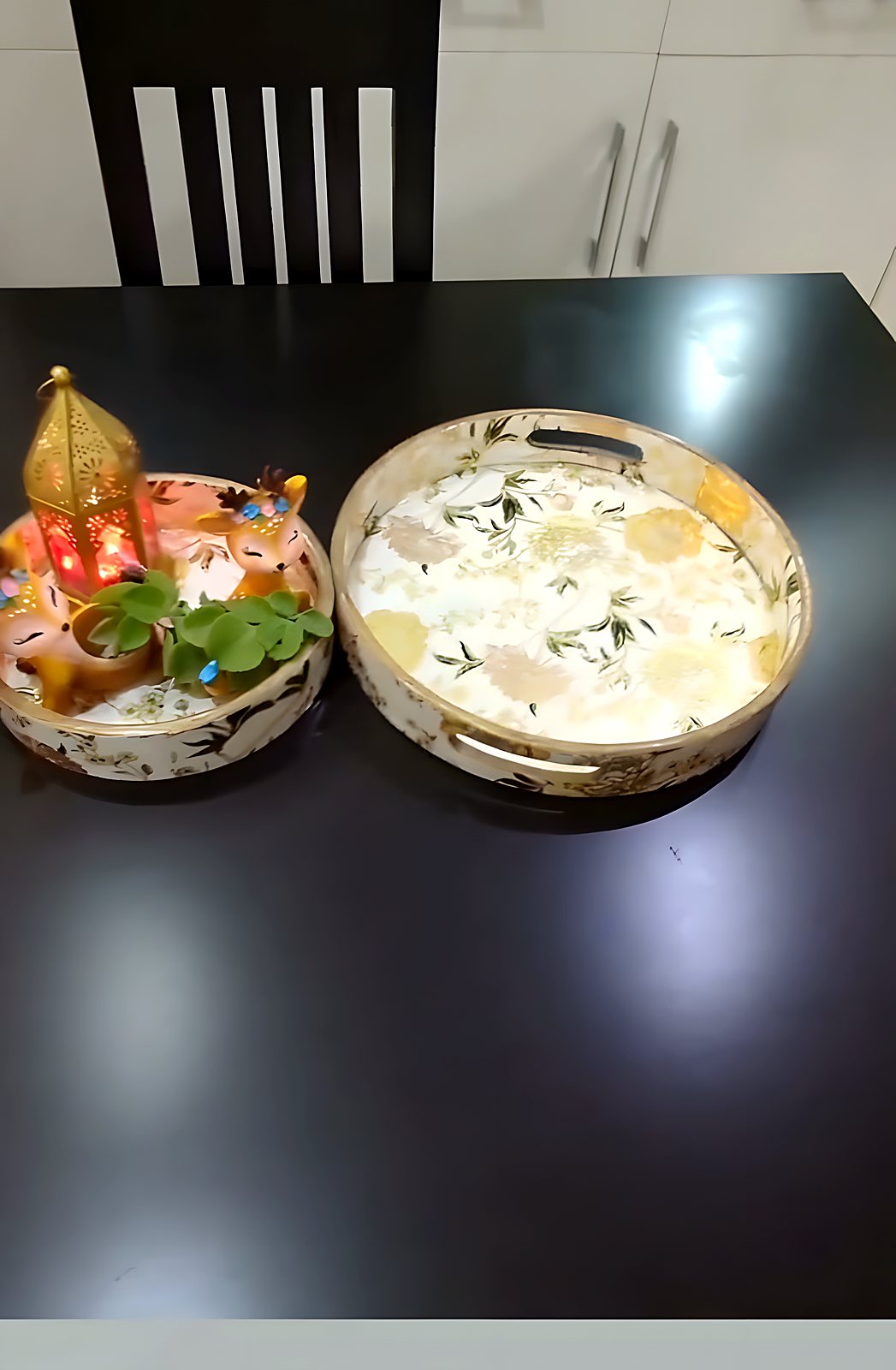 Coordinated set of serving trays laid out for hosting
